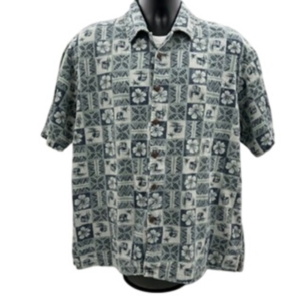 White Sierra Mens Large Blue White Tropical Floral Textured Cotton Button Shirt